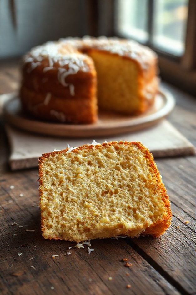 Fatia úmida e dourada de Bolo de Aipim com Coco da Roça em um prato rústico, mostrando pedaços de coco e textura densa.