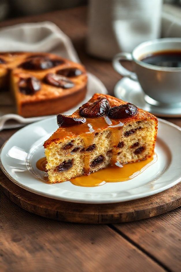 Fatia generosa de Bolo de Ameixa com Calda úmido, com pedaços de ameixa caramelizada e calda brilhante escorrendo, em um prato branco.