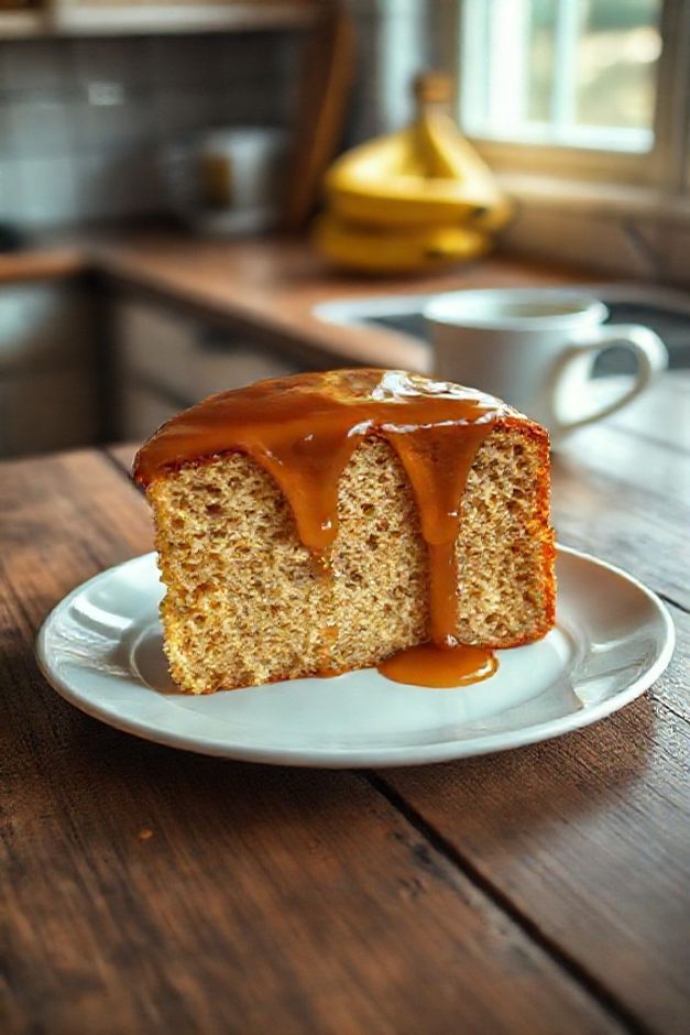 Fatia generosa de Bolo de Banana Caramelada na Forma com massa úmida e calda dourada escorrendo, sobre um prato branco.