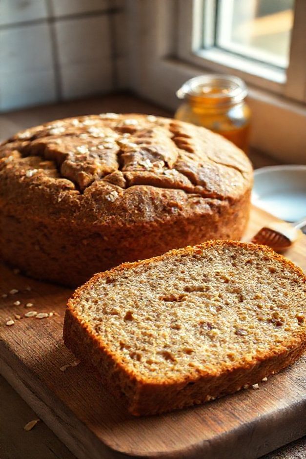 Bolo de banana com aveia e mel dourado e úmido em cima de tábua de madeira, com uma fatia cortada ao lado mostrando o miolo macio.