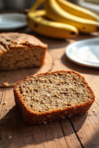 Fatia generosa de Bolo de Banana com Aveia caseiro, úmido e macio, sobre uma tábua de madeira rústica.