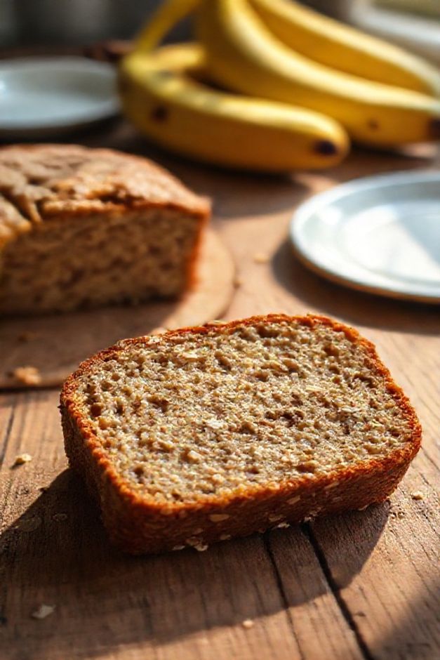 Fatia generosa de Bolo de Banana com Aveia caseiro, úmido e macio, sobre uma tábua de madeira rústica.