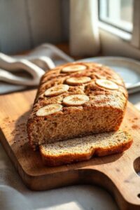 Bolo de banana com aveia sem açúcar dourado e úmido, decorado com rodelas de banana e canela, sobre tábua de madeira.