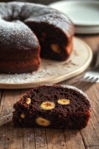 Fatia de Bolo de Banana com Chocolate úmido sobre mesa rústica, mostrando textura aerada e pedaços de banana, ao lado do bolo inteiro polvilhado com açúcar.