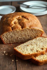 Fatia de Bolo de Banana Sem Açúcar sobre prato rústico, mostrando miolo úmido e macio com pedacinhos de aveia e canela.