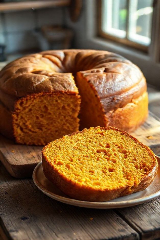 Bolo de Batata Doce Nordestino dourado e fatiado, mostrando seu miolo úmido e amarelo, em uma tábua de madeira rústica.