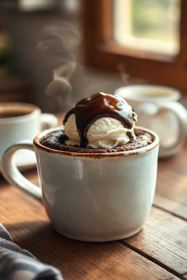 Bolo de chocolate quente e fofinho dentro de uma caneca branca, com sorvete derretendo por cima, mostrando como fazer bolo de caneca é fácil.
