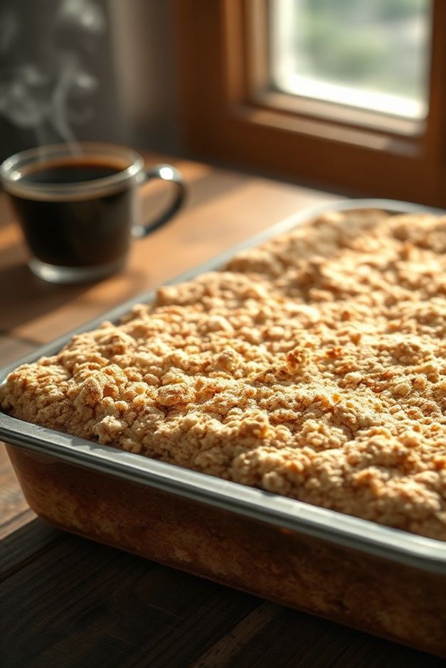 Bolo de Canela com Crumble recém-saído do forno, com cobertura crocante dourada e massa úmida visível em uma fatia cortada.