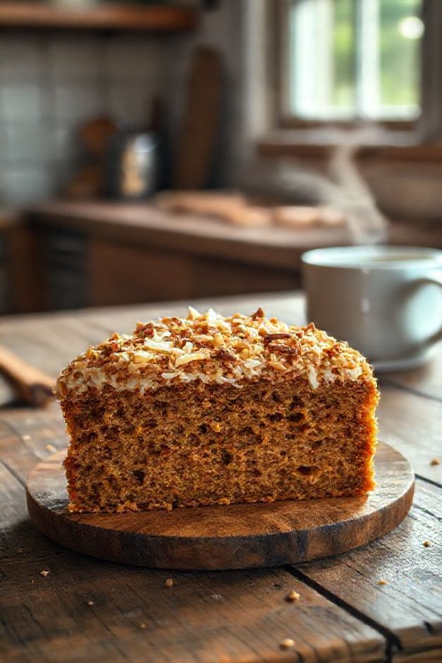 Fatia generosa de Bolo de Cenoura com Cobertura Crocante dourada, mostrando massa úmida e cobertura com coco e castanhas, sobre tábua de madeira.