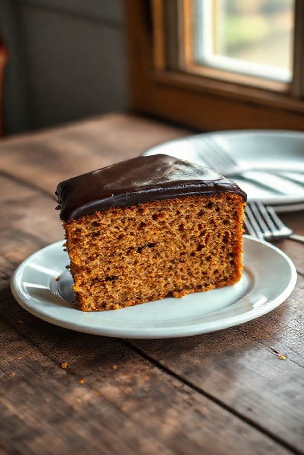 Fatia generosa de Bolo de Cenoura com Cobertura Durinha de Chocolate mostrando a massa úmida alaranjada e a cobertura brilhante e espessa.