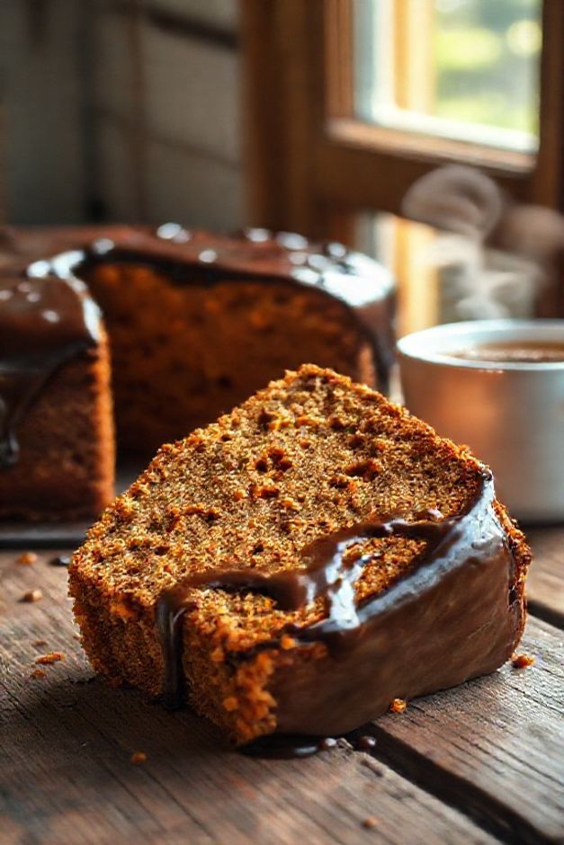 Fatia generosa de Bolo de Cenoura Fofinho no Liquidificador com massa úmida e cobertura brilhante de chocolate escorrendo pelas laterais.