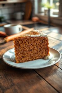 Fatia generosa de Bolo de cenoura sem farinha, úmido e denso, decorado com uma colherada de cobertura branca e canela em pó, sobre um prato branco.