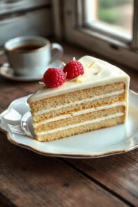 Fatia generosa de Bolo de Chocolate Branco Cremoso, mostrando camadas úmidas e recheio cremoso, coberto com ganache brilhante e raspas de chocolate.