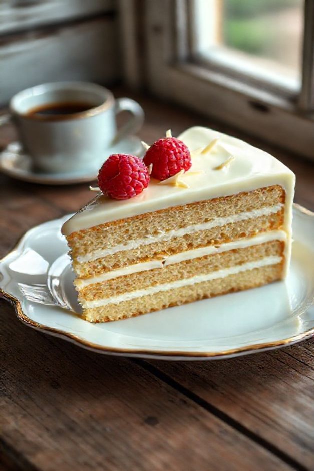 Fatia generosa de Bolo de Chocolate Branco Cremoso, mostrando camadas úmidas e recheio cremoso, coberto com ganache brilhante e raspas de chocolate.