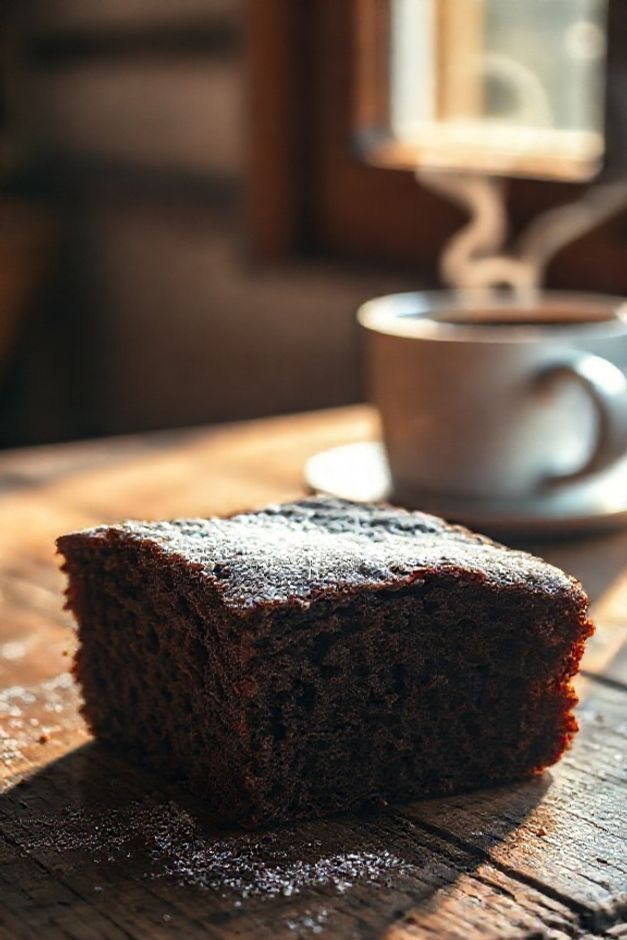 Fatia de Bolo de Chocolate com Café sobre mesa de madeira, mostrando textura úmida e escura, polvilhada com açúcar.