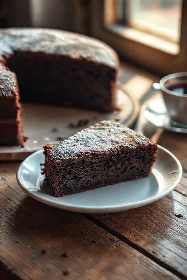 Foto realista de um Bolo de Chocolate com Água Quente recém-assado e fatiado, mostrando o miolo escuro, úmido e macio, em cima de uma mesa rústica.