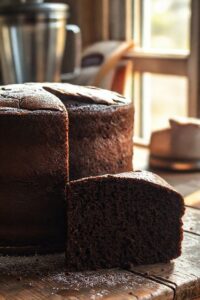 Bolo de chocolate fofinho no liquidificador recém-assado, alto e com miolo úmido escuro, sobre tábua de madeira rústica.