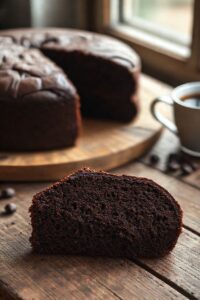 Fatia generosa de Bolo de Chocolate Sem Ovo úmido e escuro sobre uma tábua de madeira, ao lado do bolo inteiro.
