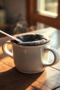 Bolo de chocolate simples de caneca quente e fofinho dentro de uma caneca branca, com pó de açúcar por cima e um garfo ao lado.