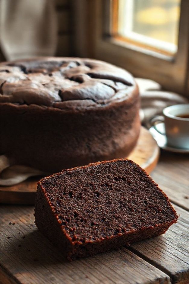 Bolo de Chocolate Simples e Fofo inteiro sobre tábua de madeira, com uma fatia cortada ao lado mostrando o miolo macio e aerado.