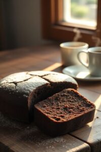 Bolo de Chocolate Simples e Rápido recém-saído do forno, úmido e fofinho, com uma fatia cortada ao lado sobre uma tábua de madeira rústica.