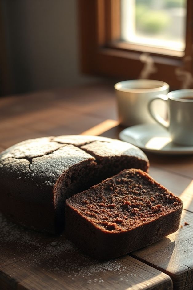 Bolo de Chocolate Simples e Rápido recém-saído do forno, úmido e fofinho, com uma fatia cortada ao lado sobre uma tábua de madeira rústica.