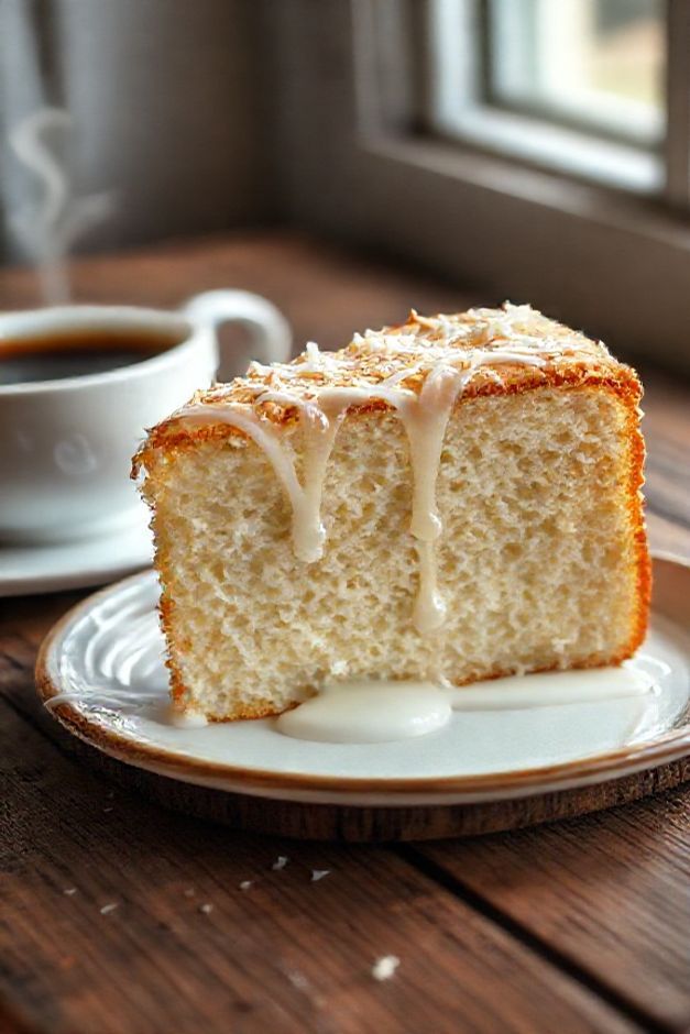 Fatia generosa de Bolo de Coco com Leite de Coco sobre prato, mostrando massa amarela úmida com pedacinhos de coco e uma calda brilhante.