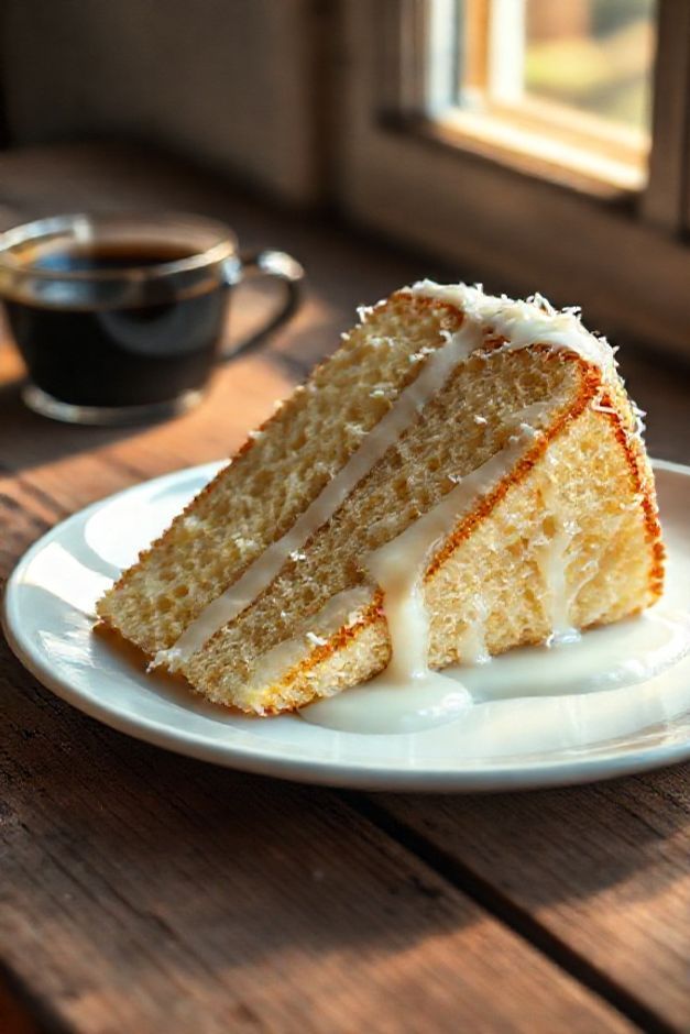 Fatia generosa de Bolo de Coco Gelado Simples com massa amarela úmida e cobertura cremosa branca repleta de coco ralado, servida em um prato branco.