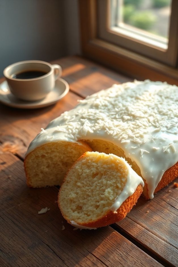 Bolo de coco gelado tradicional fatiado, com cobertura cremosa branca e coco ralado por cima, sobre uma tábua de madeira.