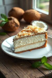 Fatia generosa de Bolo de coco sem forno servida em prato branco, mostrando camadas cremosas e cobertura de coco ralado.