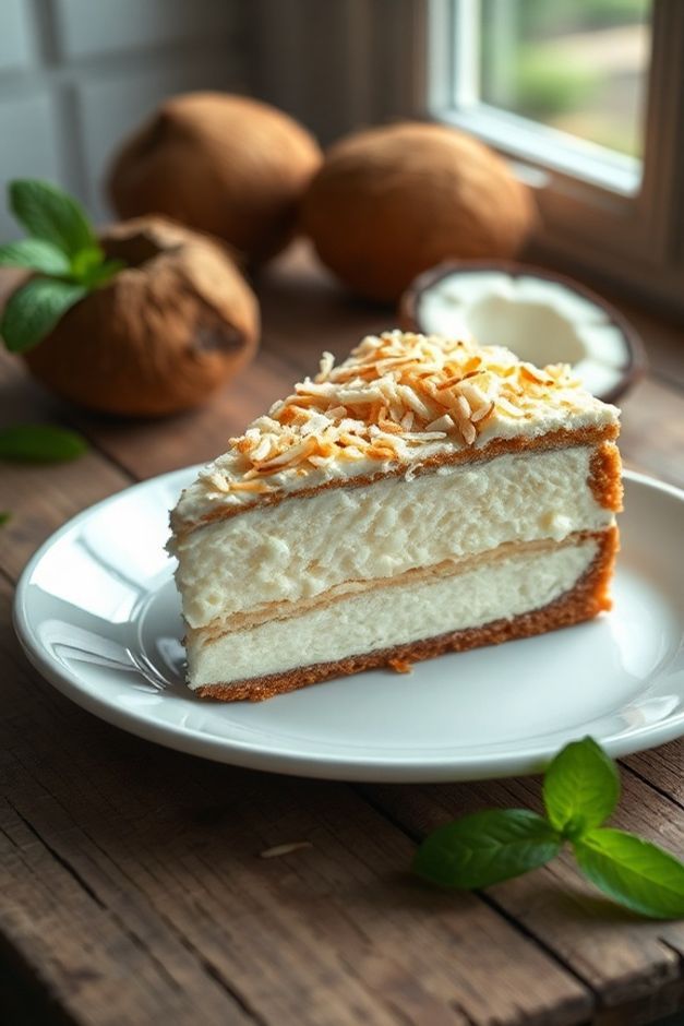 Fatia generosa de Bolo de coco sem forno servida em prato branco, mostrando camadas cremosas e cobertura de coco ralado.
