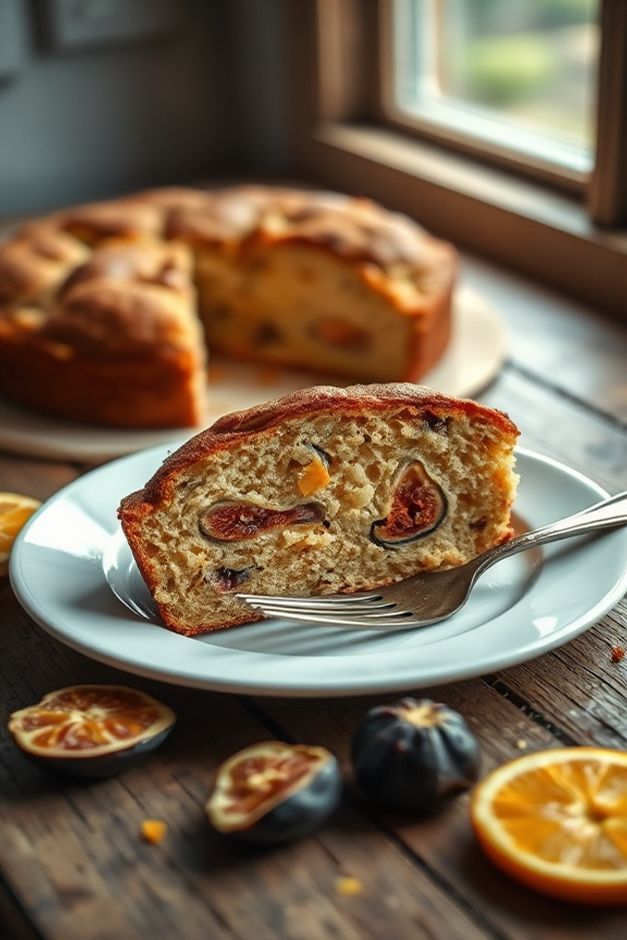 Fatia generosa de bolo de figo com laranja mostrando massa dourada úmida e pedaços suculentos de figo, em um prato branco sobre mesa rústica.