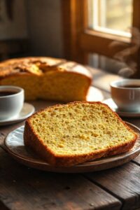 Fatia generosa de Bolo de fubá com erva-doce sobre um prato, mostrando miolo amarelo úmido e macio, perfeito para o café.