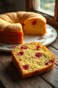 Foto apetitosa de um Bolo de Fubá com Goiabada Fofinho cortado, mostrando massa macia e pedaços derretidos de goiabada.