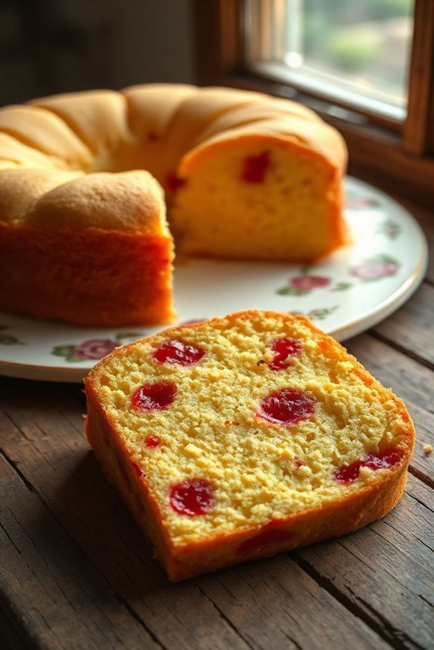 Foto apetitosa de um Bolo de Fubá com Goiabada Fofinho cortado, mostrando massa macia e pedaços derretidos de goiabada.