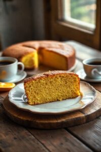 Foto realista de um Bolo de fubá sem leite fatiado, mostrando o miolo amarelo e úmido, em um prato rústico sobre mesa de madeira.