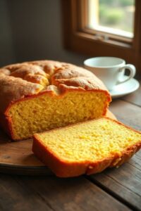 Bolo de fubá simples e rápido recém-assado, dourado e fatiado, mostrando seu miolo macio e amarelo, em uma mesa rústica.