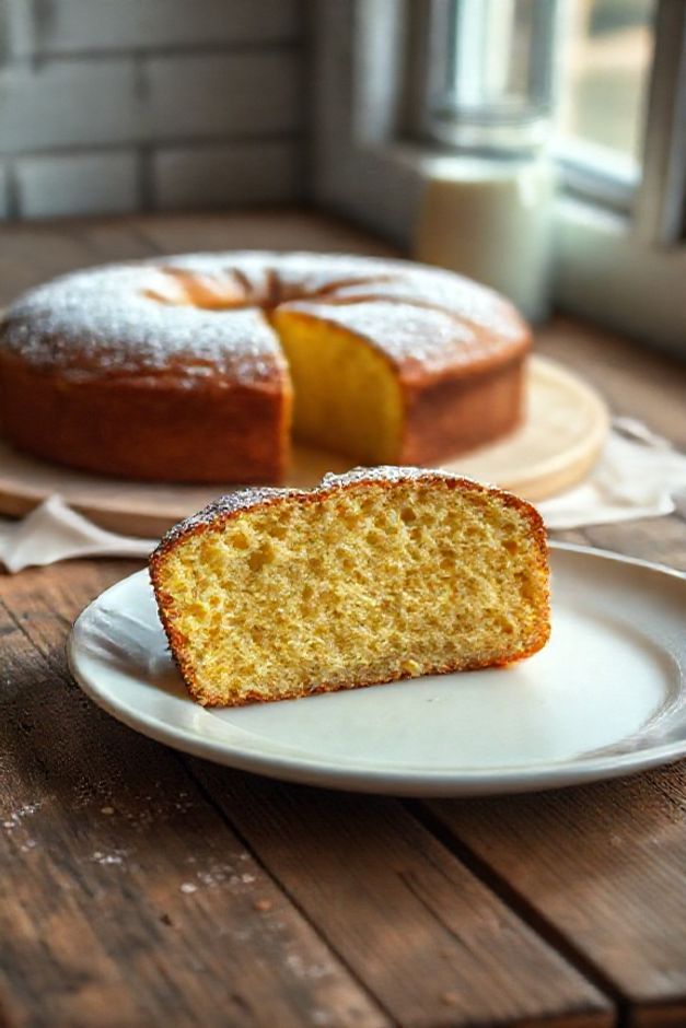 Bolo de Iogurte de 3 Ingredientes dourado e fofo em cima de uma tábua de madeira, com uma fatia cortada mostrando o miolo úmido e macio.