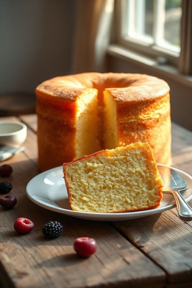 Foto realista de um Bolo de iogurte fofinho simples recém-assado e fatiado, mostrando seu miolo amarelo claro, úmido e macio, em uma mesa rústica.