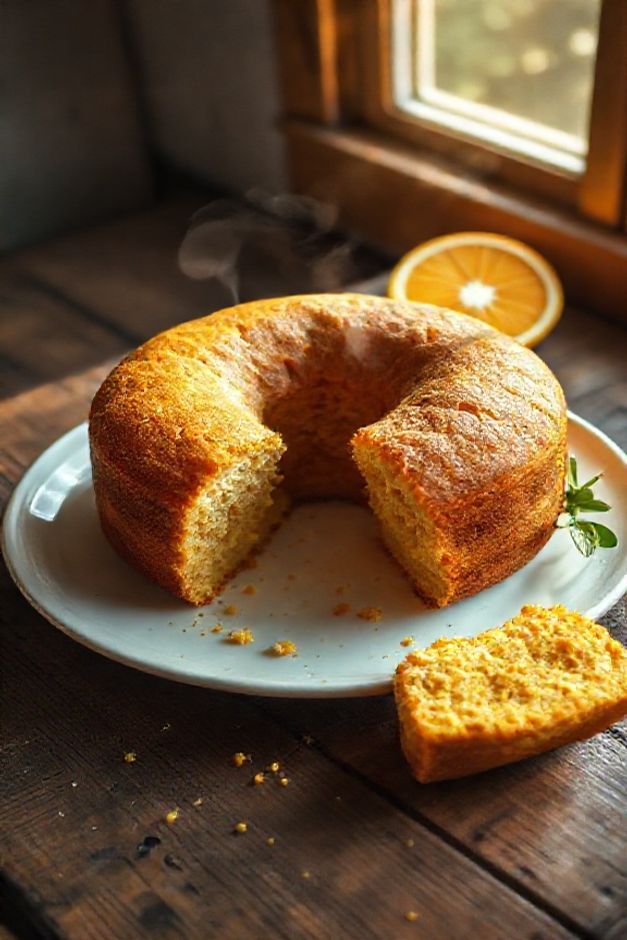 Bolo de Laranja com Fubá inteiro, dourado e úmido, em cima de um prato branco sobre mesa rústica, com uma fatia cortada ao lado.