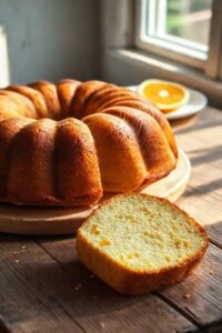 Bolo de Laranja com Iogurte Natural dourado e úmido em forma de buraco central, com uma fatia cortada ao lado, sobre mesa rústica.
