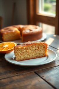 Fatia generosa de Bolo de laranja sem leite dourado, macio e úmido, sobre uma tábua de madeira rústica, com uma laranja inteira ao lado.