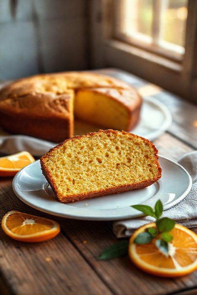 Foto realista de um Bolo de Laranja Simples com Casca dourado e fatiado, mostrando seu miolo úmido e amarelo, decorado com fatias de laranja fresca.