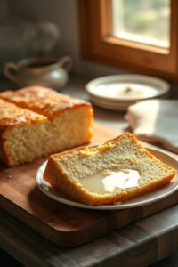 Fatia úmida e macia do Bolo de Leite Quente Tradicional em uma tábua de madeira, com calda brilhante ao lado.