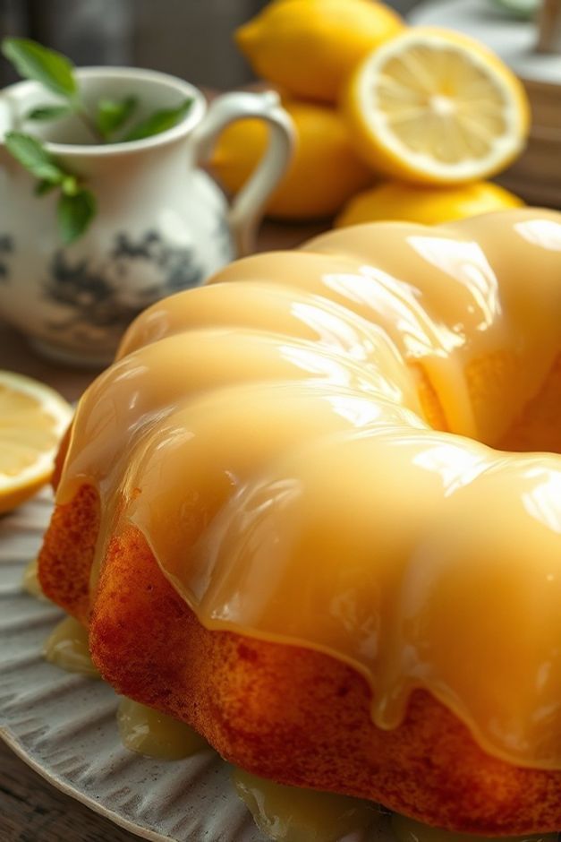 Bolo de Limão de Liquidificador com Gelatina redondo, úmido e coberto com uma camada brilhante e translúcida de gelatina sabor limão, decorado com raspas cítricas.