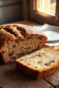 Bolo de Maçã com Canela e Passas dourado e fofo em cima de uma mesa rústica, com uma fatia cortada ao lado mostrando seu interior úmido repleto de passas.
