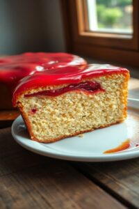 Fatia generosa de Bolo de Maizena com Goiabada, mostrando massa amarela clara macia e camadas de goiabada vermelha brilhante, sobre um prato.