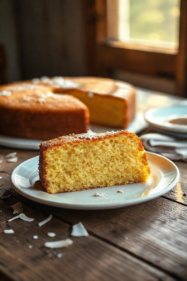 Fatia generosa de Bolo de Mandioca Ralado Caseiro dourado, úmido por dentro, sobre prato rústico, com flocos de coco ao redor.