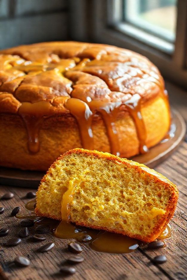 Bolo de Maracujá com Suco Natural dourado e úmido, regado com calda brilhante e decorado com sementes da fruta fresca sobre mesa rústica.
