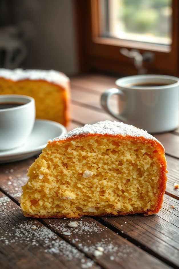 Fatia úmida e dourada de Bolo de milho com coco ralado sobre mesa rústica, com flocos de coco visíveis na massa.